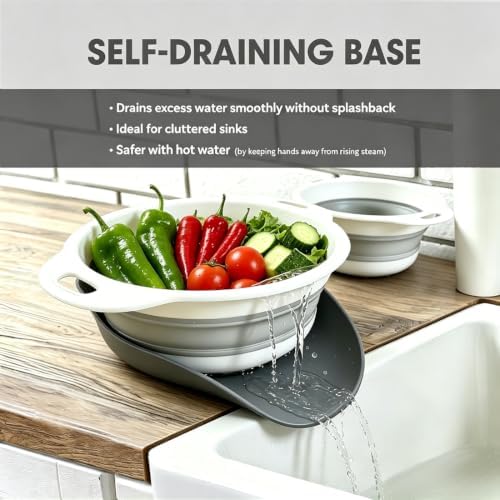 AUOON Collapsible Colander Set (3QT + 4QT) with Draining Base, White+Gray