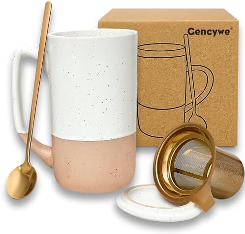 Gencywe Ceramics Large Tea Cup with Loose Leaf Infuser, Spoon and Lid, 16 oz Tall Coffee Mug, Microwave and Dishwasher Safe, Rustic Matte Ceramic Glaze, Tea Strainer (Pink)