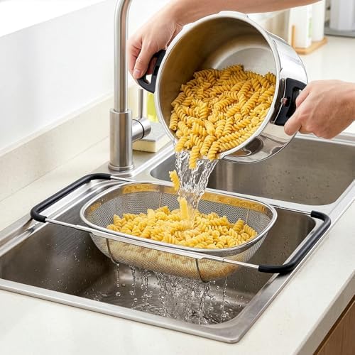 2 Pack Over the Sink Oval Colander for Kitchen, Stainless Steel Fine Mesh 6 Quart Strainer Basket with Expandable Rubber Grip Handles for Straining, Draining, Rinsing Fruits, Vegetables