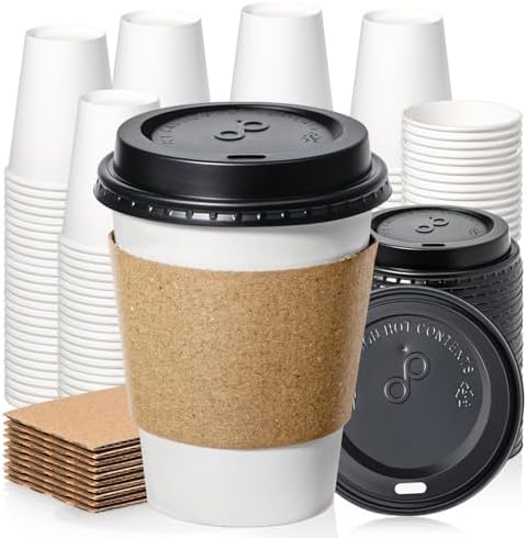 Fit Meal Prep 100 Pack 8 oz Disposable Coffee Cups with Lids, Sleeves, Leak-Proof To Go Coffee Cups with Lids, Durable Paper Cups for Hot Beverage, Home, Office, Party
