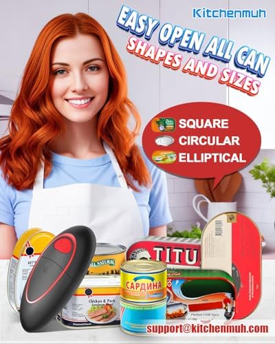 KITCHENMUH One Touch Electric Can Opener Fits All Can Sizes for Seniors with Arthritis, Battery Operated Can Opener with Smooth Edge, Food Safe Automatic Can Opener for Kitchen (Grey Red)
