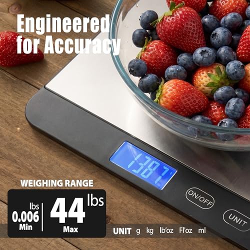 Food Scale 44lb/20kg, Extra-Large Platform Digital Kitchen Scale, 1g/0.1oz High Precision, Stainless Steel/Tempered Glass, Weight Grams and oz for Cooking Baking Meal Prep, 2 Batteries Included