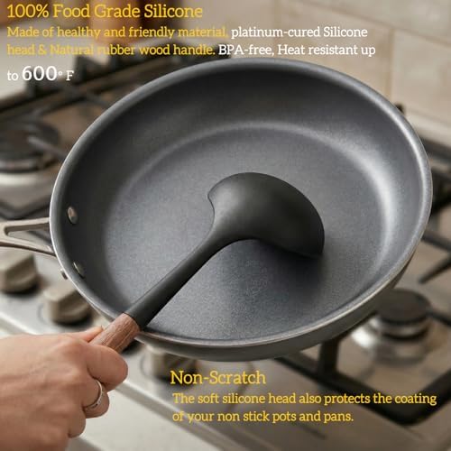 LorisArm Large 13" Soup Ladle Spoon, 8 Ounce Wooden handle Silicone Ladle Spoons Non Stick Kitchen Utensils.