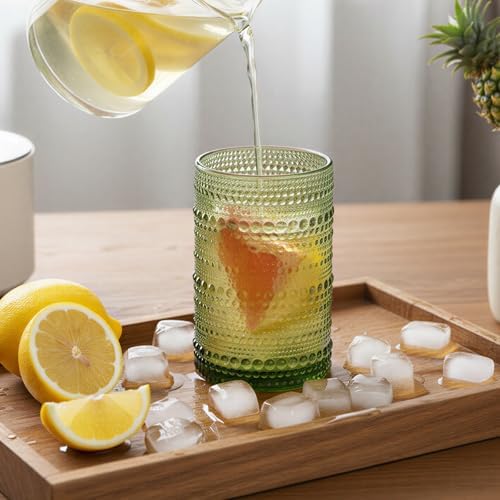 Moretoes 12 Oz Green Hobnail Drinking Glasses Set of 6 Water Glass Cups