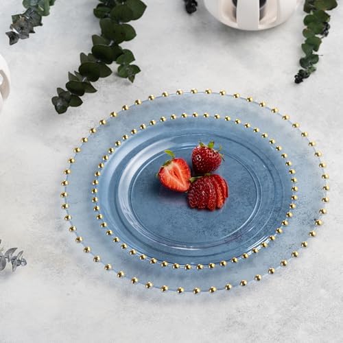 PLASTICPRO 32 Piece Combo Plastic Dinner Plates Disposable Plastic Fancy Heavy Duty Party Dishes 7 inch and 10 inch, Translucent Blue and Gold Beaded