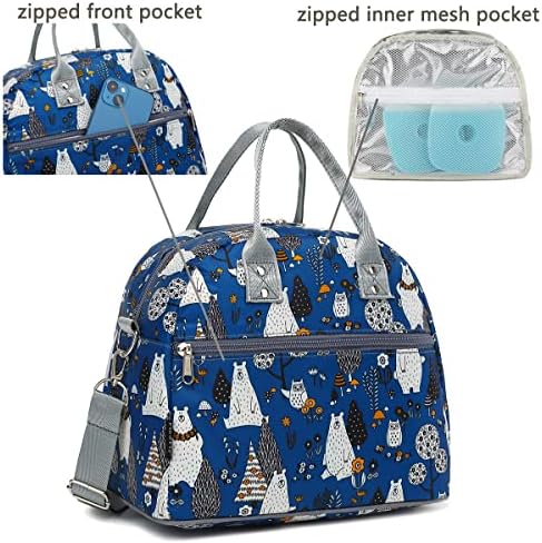 FlowFly Insulated Lunch Bag With Shoulder Strap for Women, Men, and Kids, Large and Reusable, Handle, Freezable Work and School Travel Tote and Meal Prep Organizer,Owl