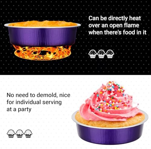 Beasea Aluminum Foil Pie Tart Tin, 100 Pack 7.3oz 215ml Disposable Baking Cups Foil Ramekins Only, 4" Mini Ramekin No Lids Cupcake Baking Pie Cups for Party - Violet Purple