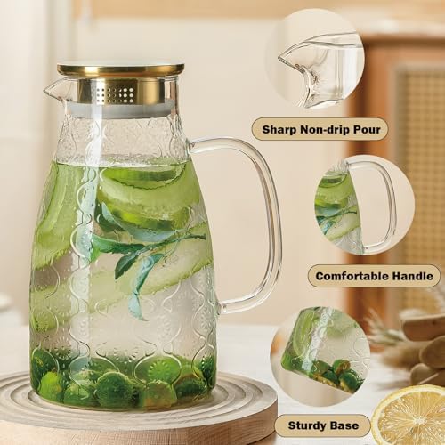 Buaic Glass Pitcher with Lid,2 PACK 68 oz/2 Liter Vintage Water Pitcher