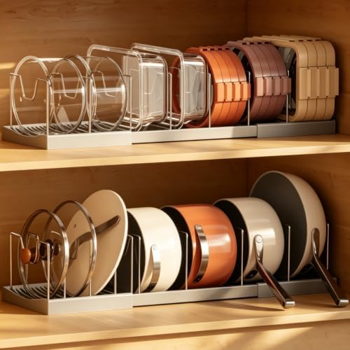 Magheo 2 Pack Pots and Pans Organizer Under Cabinet, Expandable 12.6"-22.8" Kitchen Cabinet Organizer Holder with 10 Adjustable Dividers for Food Storage Container Lid, Cookie Sheet, Cookware(Gray)