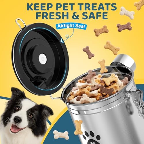 ENONCI Airtight Dog Treat Canister, 304 Stainless Steel Food Storage Jar with Date Dial Silver-1.5L