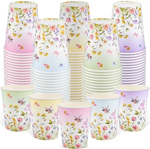 NatNarr 100 Pack Floral Paper Cup, 9oz Disposable Wildflower Paper Cups