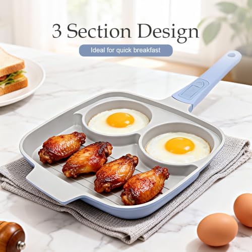 RANX INGST 10 Inch Grill Pan with Lid, 3 Section Nonstick Ceramic Egg Pan with Detachable Handle, Square Grill Skillet All Stove Compatible - Blue