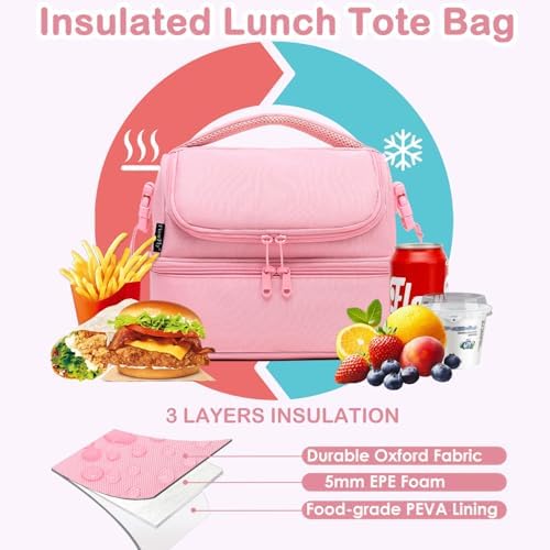 FlowFly Double Decker Cooler Insulated Lunch Bag Large Tote for Boys, Girls, Men, Women, With Adjustable Strap,Pink