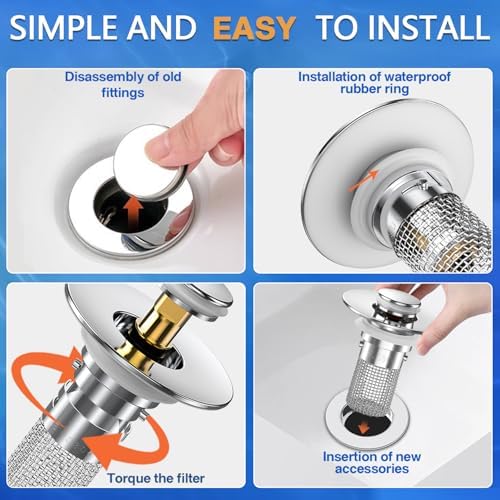 Sink Stopper Hair Catcher, Pop-up Sink Drain Strainer with Removable Stainless Steel Strainer Basket Hair Catcher,Bathroom Sink Strainer for Bathroom Sink Stopper Replacement (2, Silver)