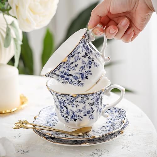 Country Roses Porcelain Tea Cup and Saucer Set with Gold Trim, Vintage Style, For Women and Tea Parties (2, Cyan)
