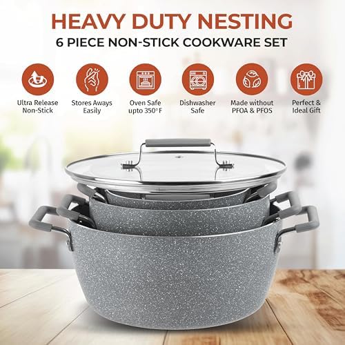 Granitestone Gray Pots and Pans Set Nonstick, 6 Stackable Piece Cooking Pots Set, Kitchen Pots, Non Stick Coating, 5qt 3qt & 1.5qt Pots with Lids, Stay Cool Handles Dishwasher Safe 100% Toxin Free