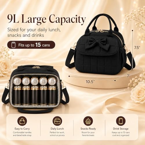 LEDAOU Lunch Box for Women Insulated Lunch Bag Corduroy Lunch Tote Bags Leakproof Cooler Lunch Case for Travel Work Picnic (A-Upgrade -Black)