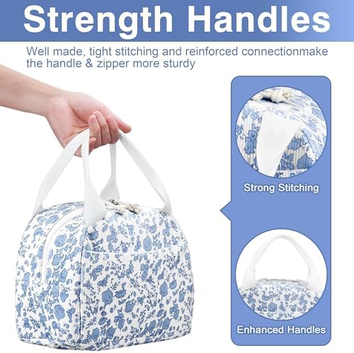 TESAFNG Lunch Bag - Insulated Lunch Box for Women, Reusable Large Capacity Cooler Bag for Adult, Small Leakproof Cute Corduroy Lunch Tote for Work Office Travel Picnic (Corduroy Light Blue-Flower)
