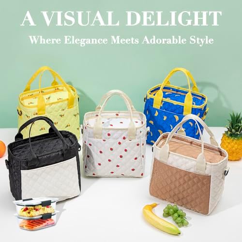 TuErCao Cute Strawberry Lunch Box for Women Lunch Bags for Work Small Insulated LunchBag for Picnic Travel Shopping, Portable Lightweight Ultrasonic Soft Touch LunchTote for Young Ladies