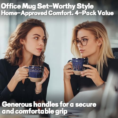 Artena Ceramic Coffee Mugs Set of 4, 16oz Embossed Large Latte Mugs Coffee Cups with Handle for Tea, Latte, Cappuccino & Cocoa, Milk Dishwasher & Microwave Safe, Blue (Willow Leaf)