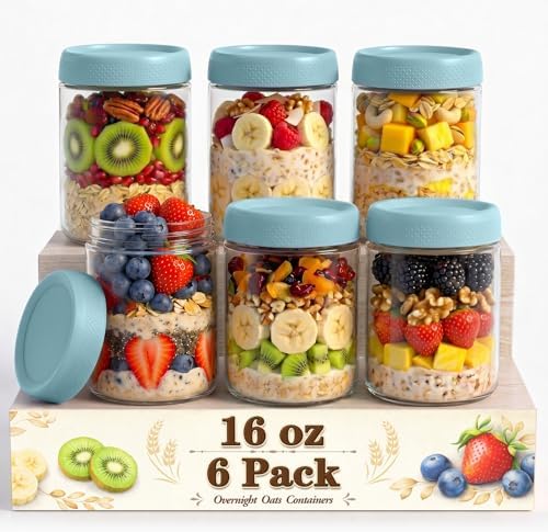 16 oz Glass Jars with Airtight Lid, Overnight Oats Container, Mason Jars