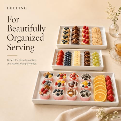 Delling Large Serving Platter, 16/14/12 Inch Rectangular Serving Trays for Serving Food, Serving Tray for Party - Set of 3, White