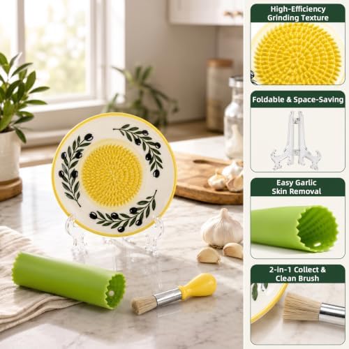 Ceramic Garlic Grater Plate Set – Hand-Painted Floral 4-Piece Set with Silicone Peeler, Cleaning Brush & Display Stand – Porcelain Grater Dish for Garlic & Ginger (Yellow)