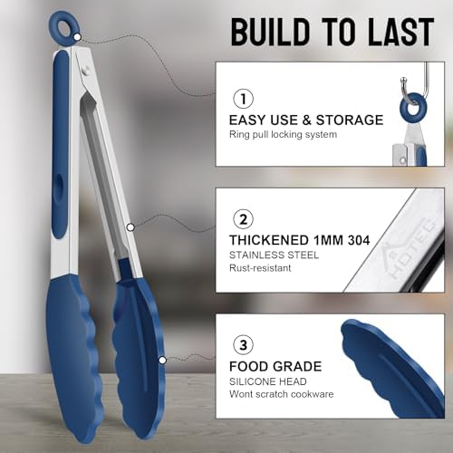 HOTEC Premium Stainless Steel Locking Kitchen Tongs with Silicon Tips, Set of 3-7", 9" and 12" (Classic Blue)