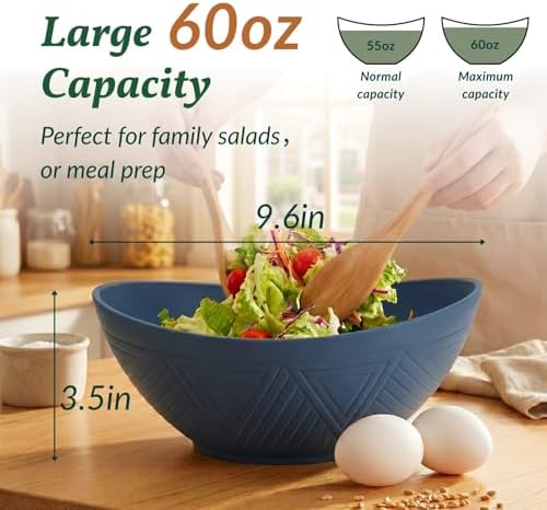 Homienly Wheat Straw Bowl Set of 6-60 OZ Large Salad Bowls,Microwave and Dishwasher Safe Bowl Set, Alternative for Plastic Bowls for Serving Soup,Popcorn Bowl for Kitchen - Blue