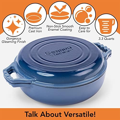 2-in-1 Enameled Cast Iron Braiser Pan with Grill Lid - 3.3-Quart Small Dutch Oven, Serves as Both Casserole & Stovetop Grill Pan, Cast Iron Cookware