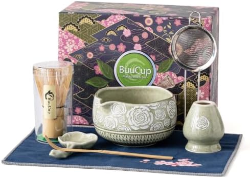 Matcha Whisk Set, 7-Pc Ceramic Matcha Bowl Kit, Bamboo Whisk,（Rose Green）