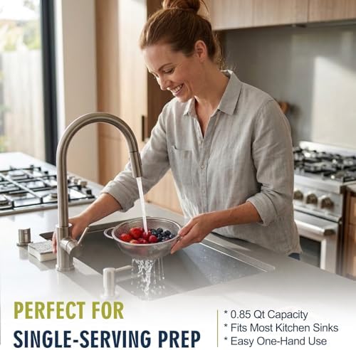 Palksky Small Colander Set of 2, 800 mL / 0.85 Qt Stainless Steel Mini Colanders with Riveted Handles, Footed Base & Micro-Perforations, Berry Wash Bowl for Berries, Fruits, Vegetables & Pasta