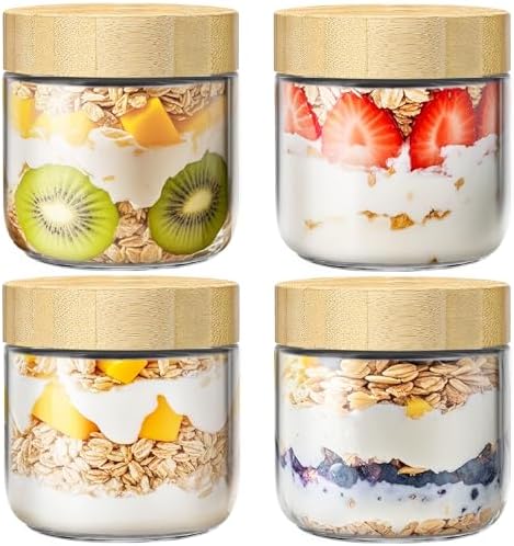 10 oz Overnight Oats Containers with Bamboo Lids, Glass Mason Jars 4 Pack