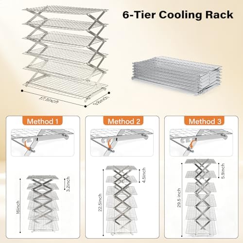 6 Tier Upgraded Collapsible Cooling Rack with Adjustable 3 Setting Design, Stackable Baking Rack with Clean Brush, Roasting Cooking Drying Wire Cooling Rack for Cookies Baking Roasting ＆ Grilling