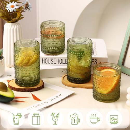 Moretoes Vintage Hobnail Drinking Glasses Set of 12 Green Water Glass Cups