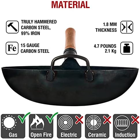 YOSUKATA Blue Round Bottom Wok Pan – 14" Woks and Stir Fry Pans + Wok Lid 13.6 Inch - Premium Stainless Griddle Dome with Tempered Glass Insert Steam Holes