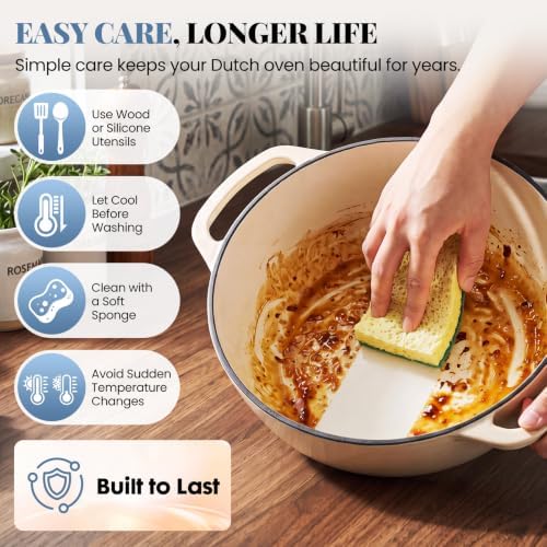 DUMOS Cast Iron Dutch Oven, 6 Quart Pot with Lid, Enameled Heavy Duty Cookware, Oven Safe to 500°F, Perfect for Bread Baking, Stews and Roasting, Moisture Sealing Lid with Dual Handles, Beige