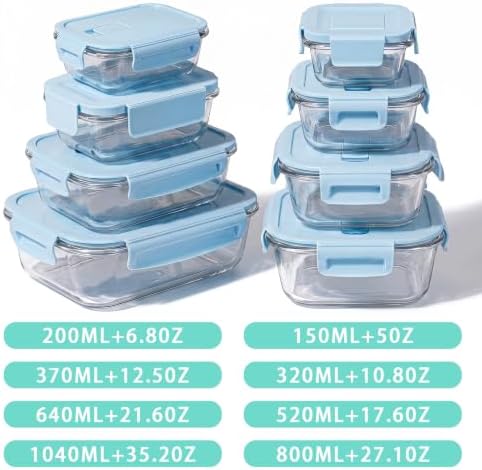 8 Pack Glass Food Storage Containers with Lids(LightBlue)
