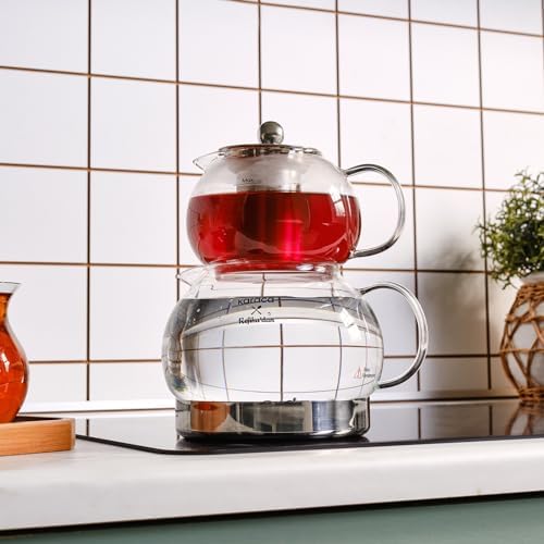 Karaca Refika Borosilicate Glass Teapot Set with Stainless Steel Tea Strainer, 1.5 L Kettle & 0.6 L Glass Teapot with Strainer, Turkish Tea Pot, Caydanlik