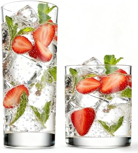 Everyday Drinking Glasses Set of 8, 14oz Tall Glass Cups & 10.5oz Short Dof Glasses Glass Water Cups, Hurricane Tumbler Drinkware for Cocktail, Iced Coffee, Beer, Tea, Wine, Whiskey
