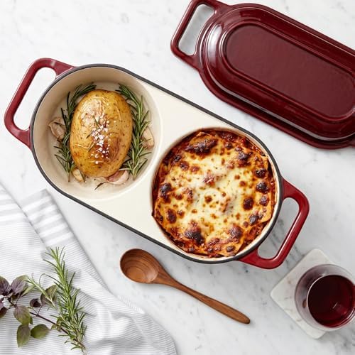 Double Dutch Oven Pot with Lid, 2.2QT Enameled Cast Iron Bread Loaf Pan, Mini Dutch Oven For Sourdough Bread Baking, 500°F Oven Safe Non Stick Dual Round Bread Pan, Bread Oven, 16.5cm Diameter, Red
