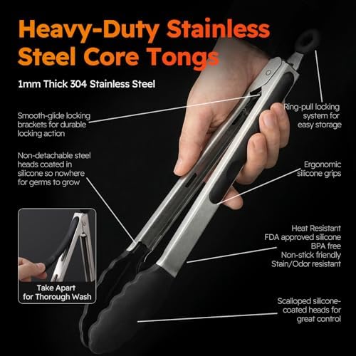 HST Non Stick Cooking Tongs Silicone Tips, 3 Pack 12 Inch Black BBQ Baking