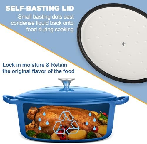E-far 7QT Oval Dutch Oven Pot with Lid, Blue Enameled Cast Iron Dutch Oven