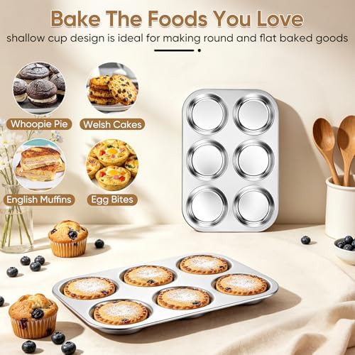 TeamFar Muffin Top Pan, 6 Cavity Stainless Steel Shallow Cupcake Pan