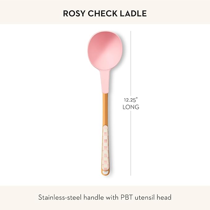 MACKENZIE-CHILDS Ladle, Kitchen Ladle Spoon for Cooking, Pink-and-White Rosy Check