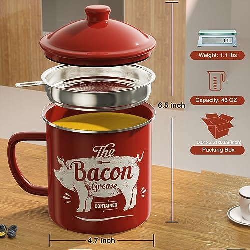 PGYARD Bacon Grease Container with Strainer-46OZ Enamel Keeper with Spatula