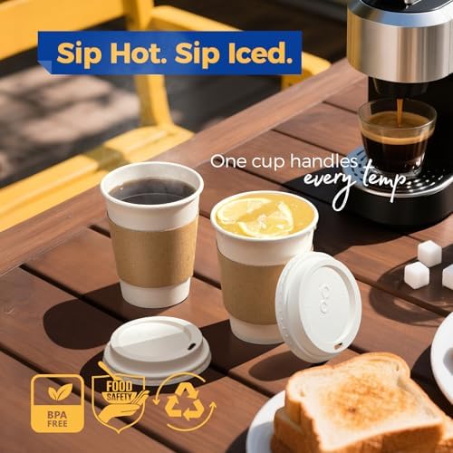 Fit Meal Prep 100 Pack 12 oz Disposable Coffee Cups with Lids, Sleeves, Leak-Proof To Go Coffee Cups with Lids, Durable Hot Paper Cups for Hot Cocoa and Coffee Bar Supplies