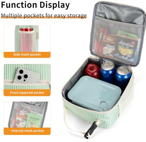 Lunch Box for Women Men Adult Insulated Lunch Bag Women Men Small Reusable Lunchbox for Work Picnic Travel (Green Stripes)
