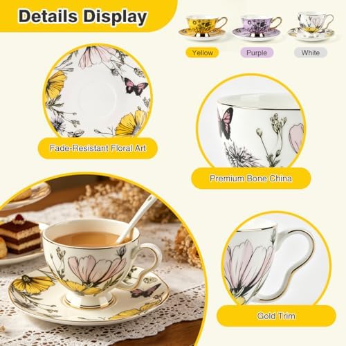 Butterfly Tea Cup and Saucer Set with Spoon, Gold Trim, 6.76 oz