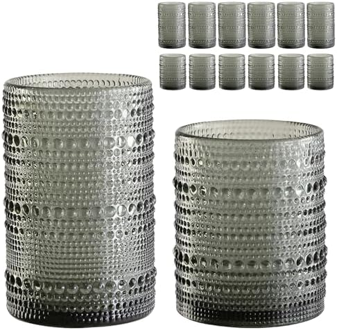 ZMOWIPDL Drinking Glasses Set of 12,Grey 12oz & 15oz Hobnail Glass Cups